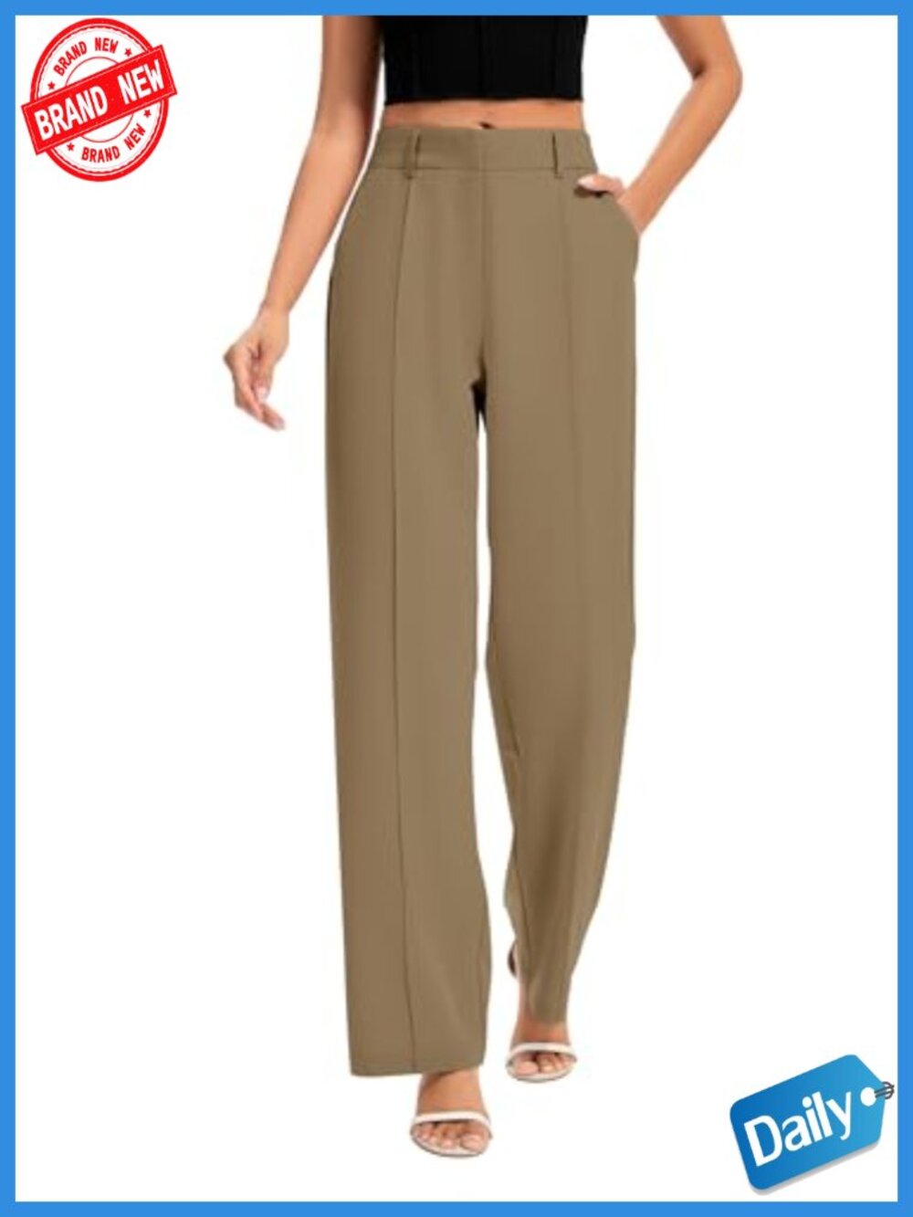 High Waisted Straight Leg Work Pants for Women with Pockets, Stretchy Office